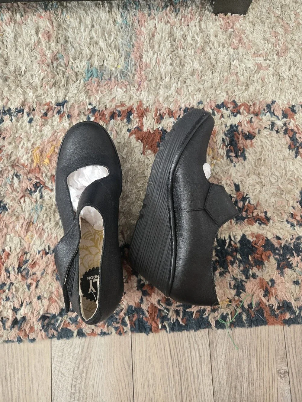 FLY London YASI Black Leather Mary Jane Platform Wedge Shoes